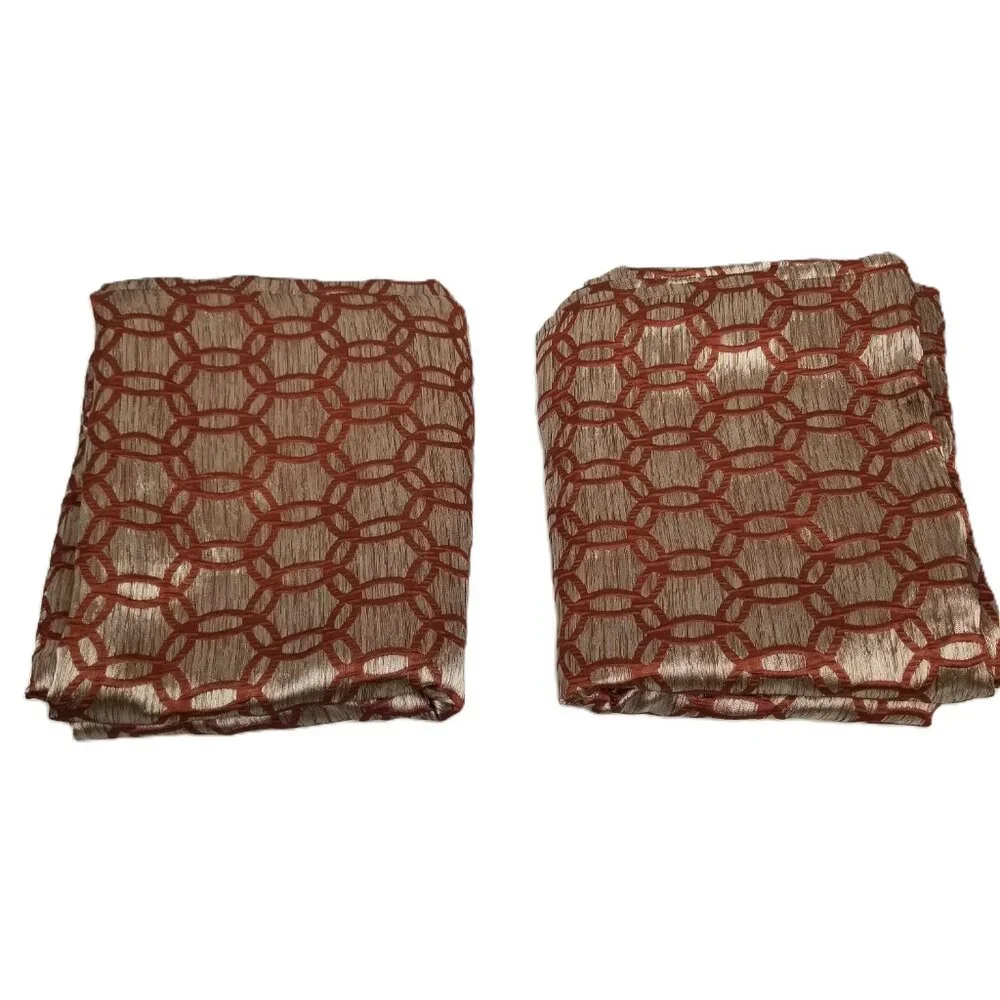 2 Geometric Drape Panels 53 Wide 83 Long Rust Gold Metallic Lined Window Curtain